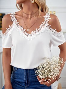 SHEIN Clasi Contrast Lace Cold Shoulder Blouse - White - View 2