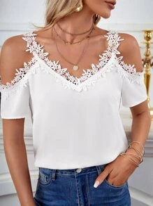 SHEIN Clasi Contrast Lace Cold Shoulder Blouse - White - View 4