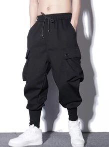 Manfinity 男士腰部抽繩工裝褲 - 黑色 - 查看 1