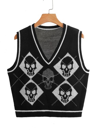 Plus Skull & Argyle Pattern Sweater Vest