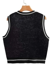 Flirla Plus Skull & Argyle Pattern Sweater Vest - Black - View 2