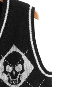 Flirla Plus Skull & Argyle Pattern Sweater Vest - Black - View 3