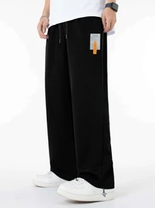 Chillumni Loose Fit Men's Sweatpants With Slogan & Patch Deco With Adjustable Drawstring Waist, Men Wide Leg Sweatpants, Black Sweatpants Men, Wide Leg Sweatpants - Black - View 1