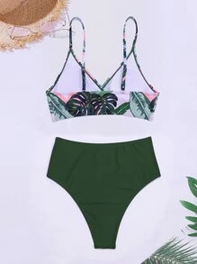 SHEIN Swim Summer Tropical High Waisted Bikini - Green - View 2