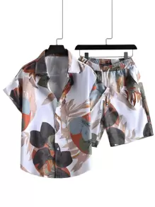 Manfinity RSRT Men Random Leaf Print Shirt & Drawstring Waist Shorts - Multicolor - View 1