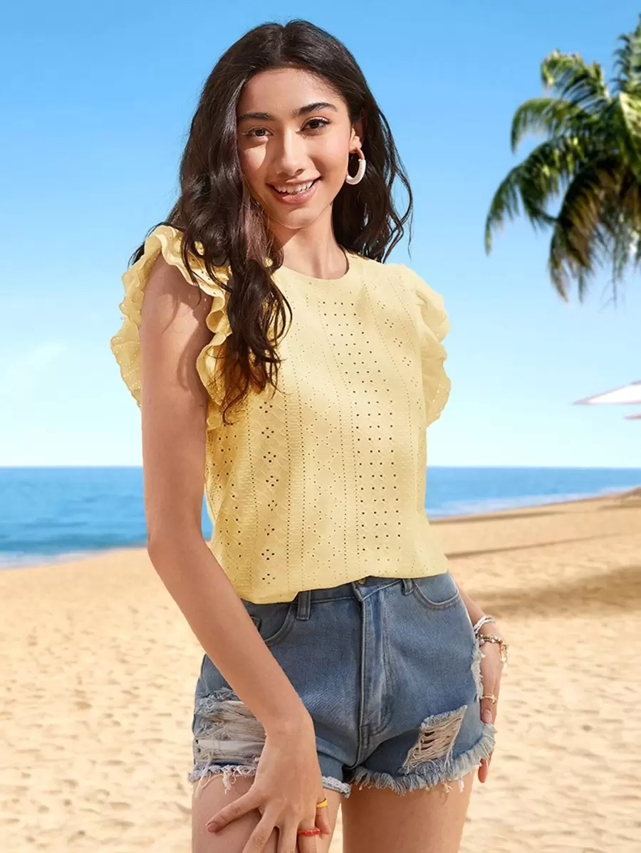 SHEIN Frenchy Eyelet Embroidery Ruffle Sleeve Tee