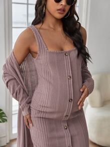 SHEIN Maternity Button Front Bodycon Dress & Drop Shoulder Open Front Coat - Mauve Purple - View 4
