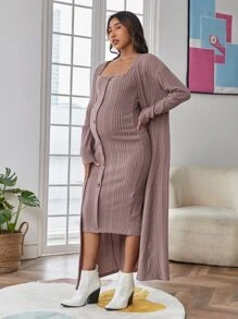 SHEIN Maternity Button Front Bodycon Dress & Drop Shoulder Open Front Coat - Mauve Purple - View 5