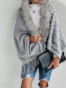 SHEIN LUNE Cárdigan de punto ribete lanudo bajo con fleco con textura - Gris - Ver 1