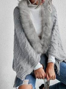 SHEIN LUNE Cárdigan de punto ribete lanudo bajo con fleco con textura - Gris - Ver 4