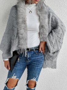 SHEIN LUNE Cárdigan de punto ribete lanudo bajo con fleco con textura - Gris - Ver 5