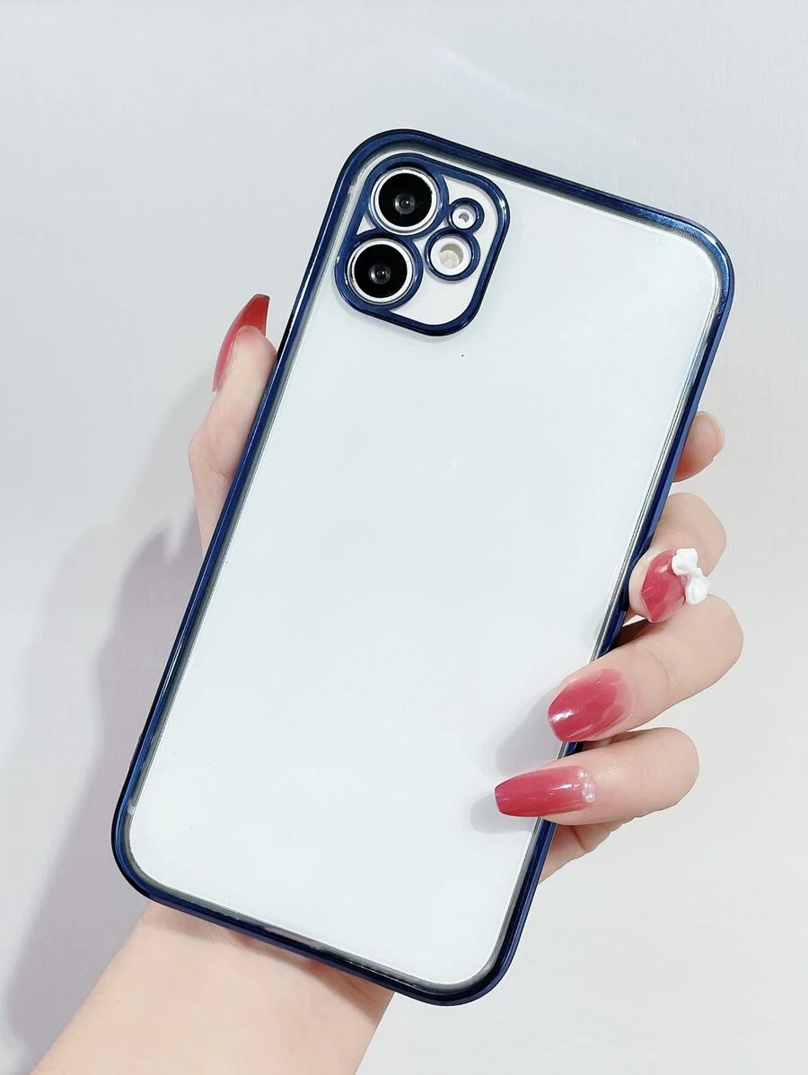 1pc Solid Color Transparent TPU Soft Case With Electroplated Edge And Precise Cutouts, Compatible With IPhone - Blue - View 1