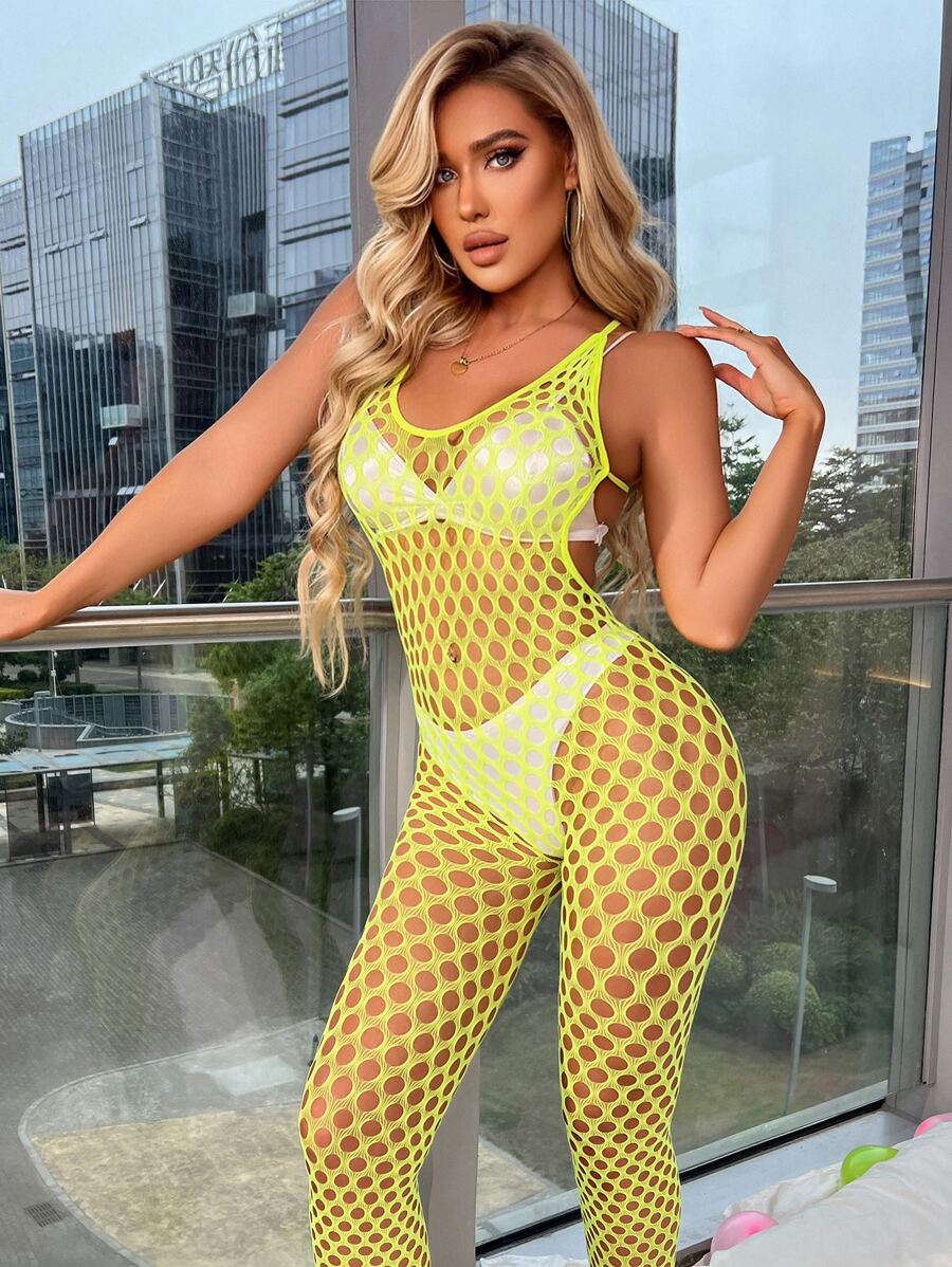 Classic Sexy Fishnet Cut-out Teddy Bodysuit - Yellow - View 1