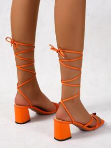 Tie Leg Design Chunky Heeled Strappy Sandals - Orange - View 2