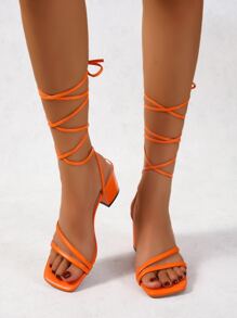 Tie Leg Design Chunky Heeled Strappy Sandals - Orange - View 5