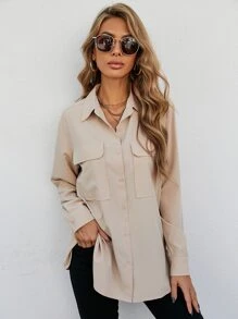 SHEIN Clasi Flap Pocket Button Front Shirt Fall Cloth For Women - Apricot - View 1