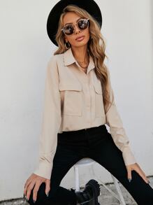 SHEIN Clasi Flap Pocket Button Front Shirt Fall Cloth For Women - Apricot - View 4