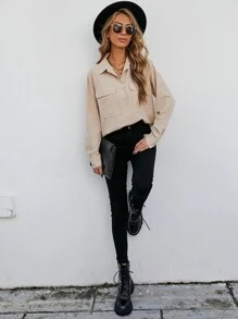 SHEIN Clasi Flap Pocket Button Front Shirt Fall Cloth For Women - Apricot - View 3