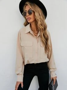 SHEIN Clasi Flap Pocket Button Front Shirt Fall Cloth For Women - Apricot - View 6