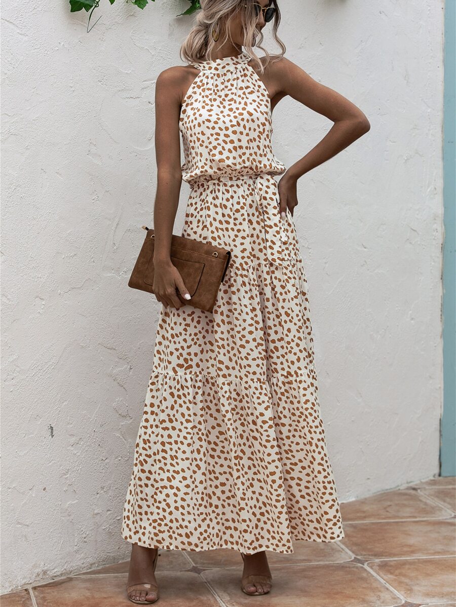 SHEIN LUNE All Over Print Belted Halter Dress - Beige - View 1