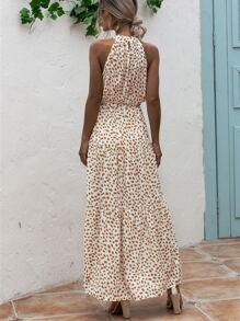 SHEIN LUNE All Over Print Belted Halter Dress - Beige - View 2
