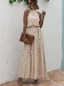 SHEIN LUNE All Over Print Belted Halter Dress - Beige - View 3