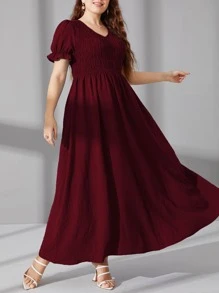 Mulvari 大碼打褶泡泡袖A字連衣裙 - 紫紅色 - 查看 1