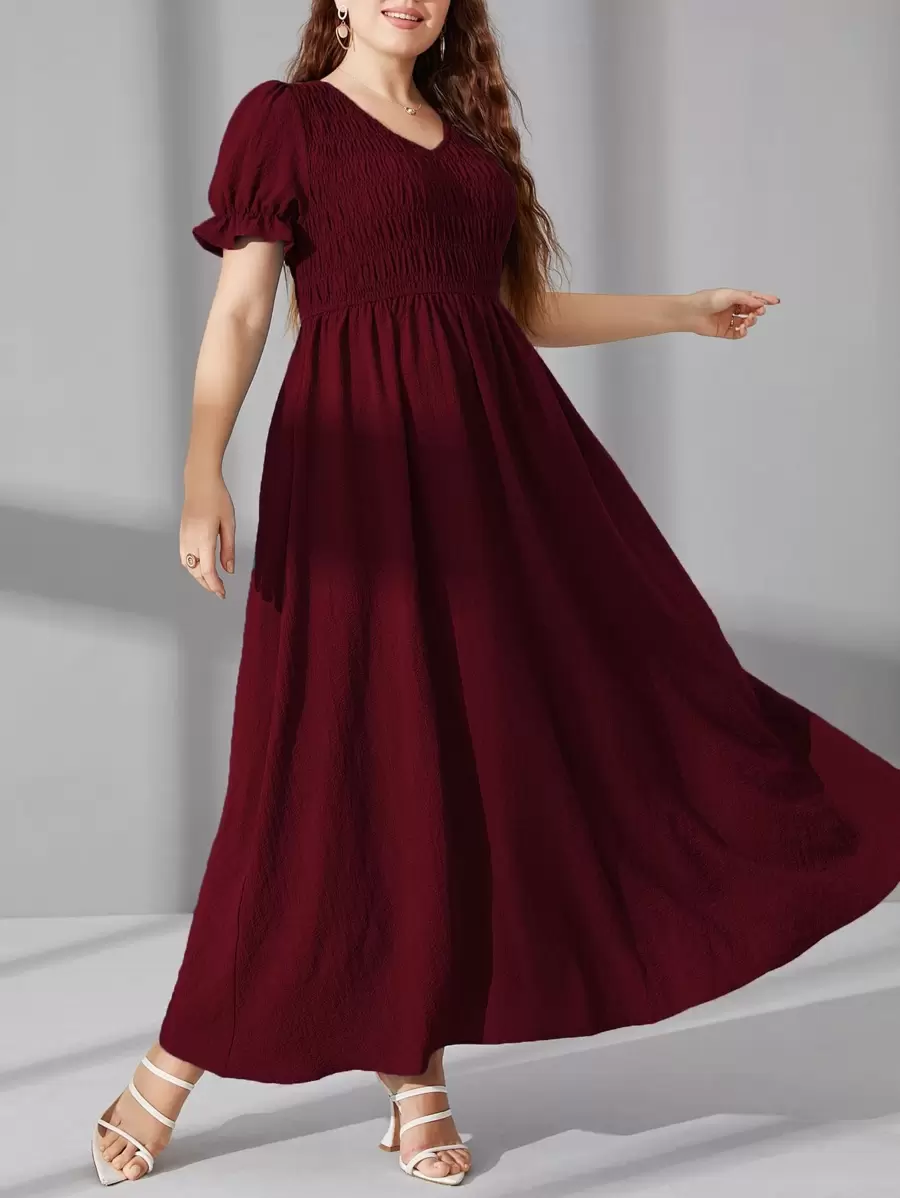 Mulvari 大碼打褶泡泡袖A字連衣裙 - 紫紅色 - 查看 1