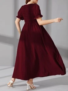 Mulvari 大碼打褶泡泡袖A字連衣裙 - 紫紅色 - 查看 2