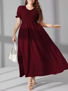 Mulvari 大碼打褶泡泡袖A字連衣裙 - 紫紅色 - 查看 3