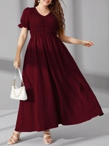 Mulvari 大碼打褶泡泡袖A字連衣裙 - 紫紅色 - 查看 4