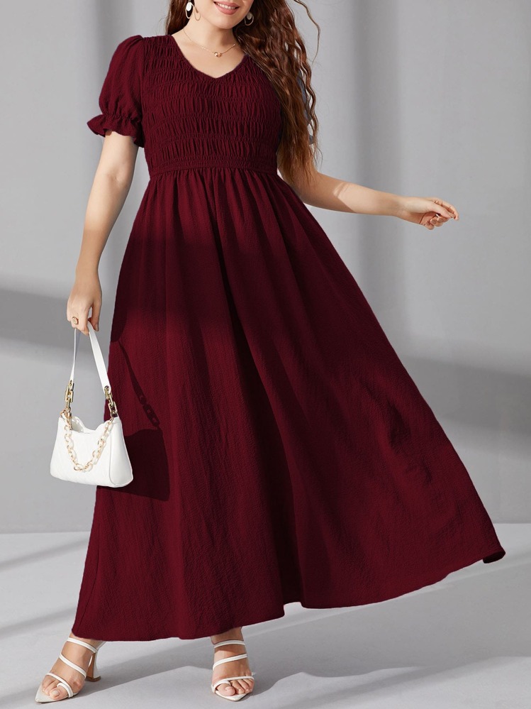 Mulvari 大碼打褶泡泡袖A字連衣裙 - 紫紅色 - 查看 4