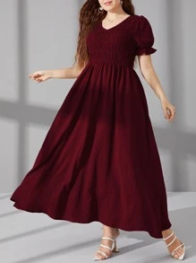 Mulvari 大碼打褶泡泡袖A字連衣裙 - 紫紅色 - 查看 5