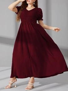 Mulvari 大碼打褶泡泡袖A字連衣裙 - 紫紅色 - 查看 6