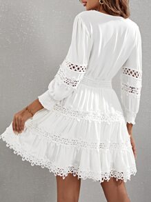 SHEIN VCAY 水溶蕾絲拼接腰部打褶連衣裙 - 白色 - 查看 2