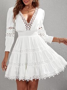 SHEIN VCAY 水溶蕾絲拼接腰部打褶連衣裙 - 白色 - 查看 3