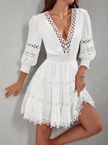 SHEIN VCAY 水溶蕾絲拼接腰部打褶連衣裙 - 白色 - 查看 5