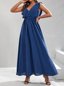 Surplice Neck Ruffle Trim Dress - Navy Blue - View 1