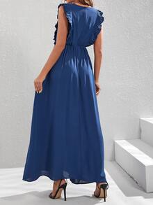 Surplice Neck Ruffle Trim Dress - Navy Blue - View 2