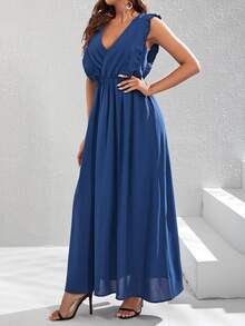 Surplice Neck Ruffle Trim Dress - Navy Blue - View 3