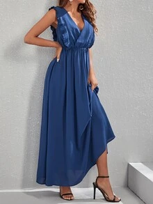 Surplice Neck Ruffle Trim Dress - Navy Blue - View 5