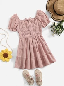 SHEIN Niñas Vestido de cuello cuadrado con diseño de lazo bajo con fruncido de manga farol - Rosa vieja - Ver 1