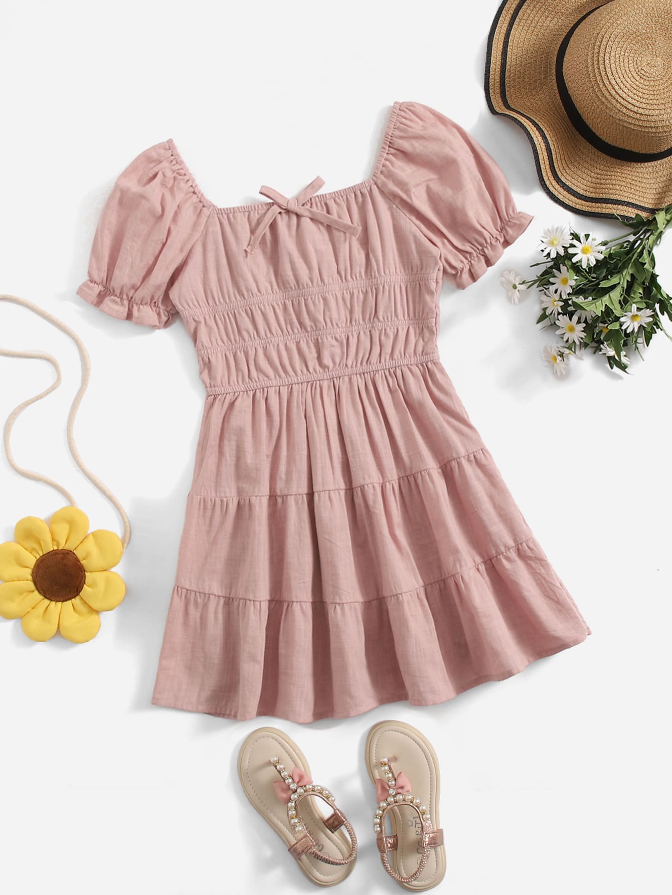 SHEIN Niñas Vestido de cuello cuadrado con diseño de lazo bajo con fruncido de manga farol - Rosa vieja - Ver 1