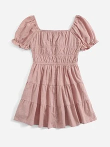 SHEIN Niñas Vestido de cuello cuadrado con diseño de lazo bajo con fruncido de manga farol - Rosa vieja - Ver 2