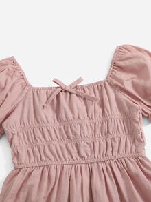 SHEIN Niñas Vestido de cuello cuadrado con diseño de lazo bajo con fruncido de manga farol - Rosa vieja - Ver 3