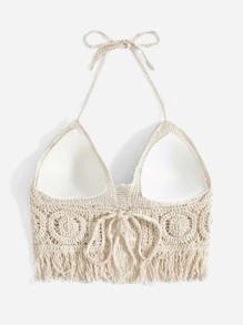 SHEIN Fringe Trim Tie Back Halter Neck Cover Up,Halter Tops