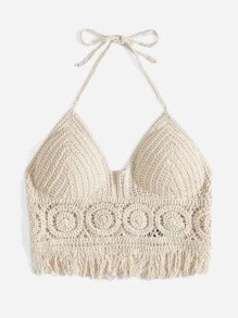 SHEIN Fringe Trim Tie Back Halter Neck Cover Up,Halter Tops