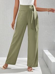 High Waist Knot Side Tailored Pants - Green - View 1