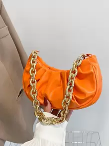 Neon Orange Minimalist Chain Ruched Bag - Orange - View 1