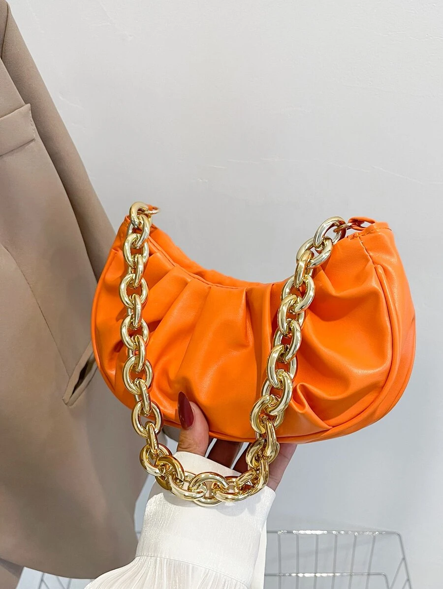 Neon Orange Minimalist Chain Ruched Bag - Orange - View 1